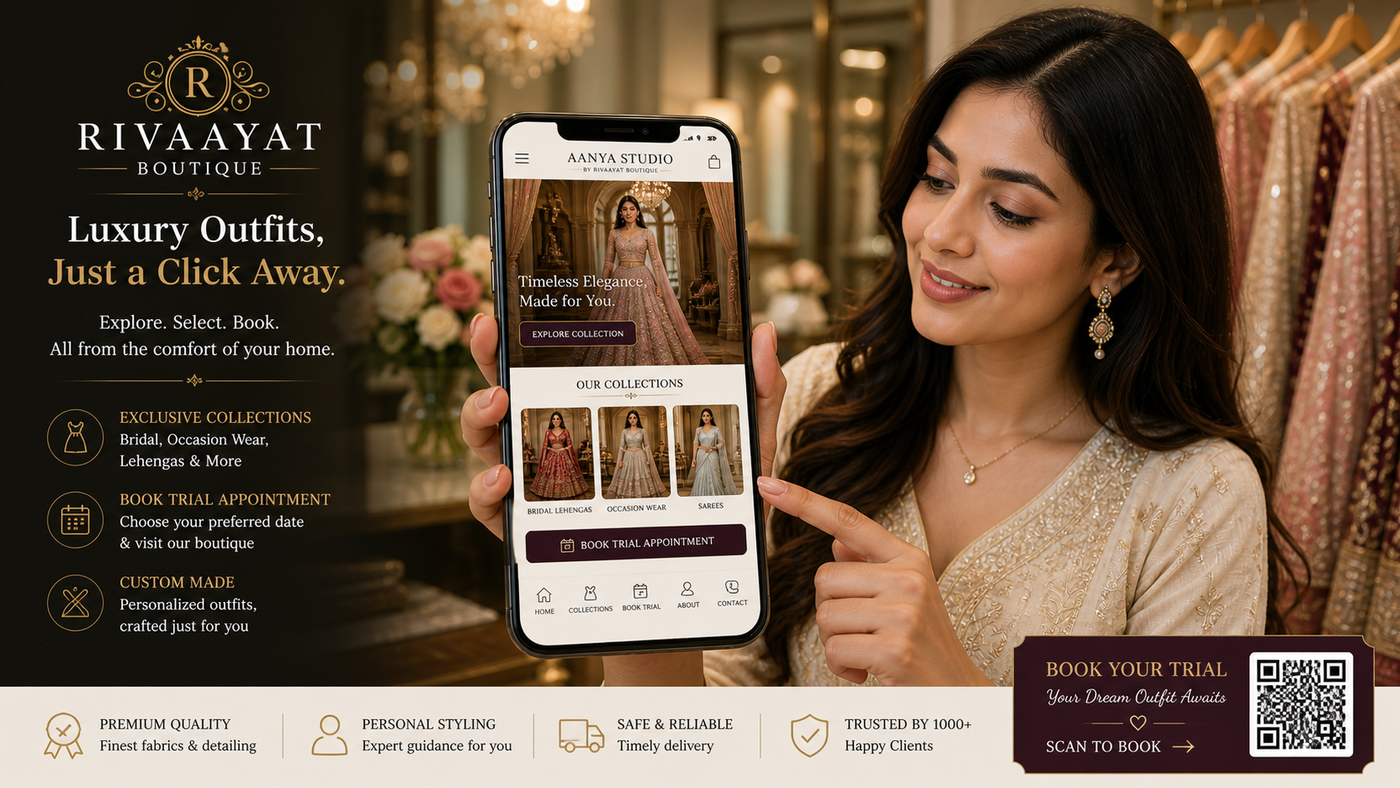 Rivaayat Boutique customer browsing collections from home — woman holding phone showing the boutique app with collection grid and Book Trial CTA