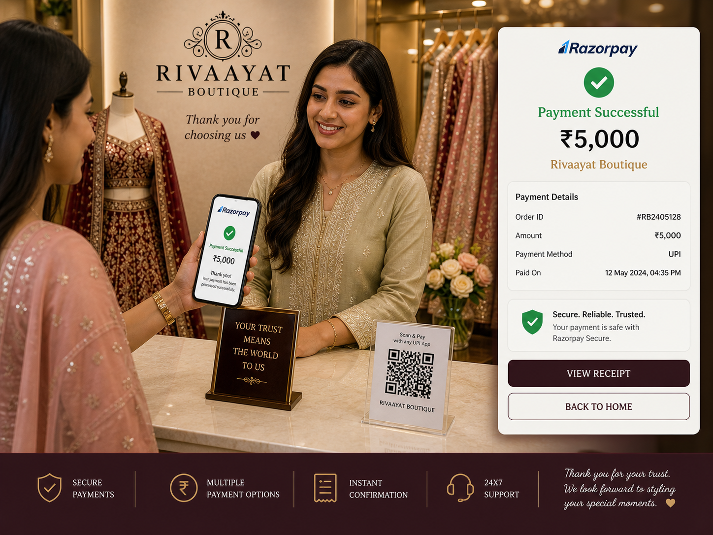 Rivaayat Boutique customer at counter handing phone to staff — Razorpay payment success ₹5,000 advance, UPI payment, scan-to-pay QR card on counter, RIVAAYAT BOUTIQUE branding plaque
