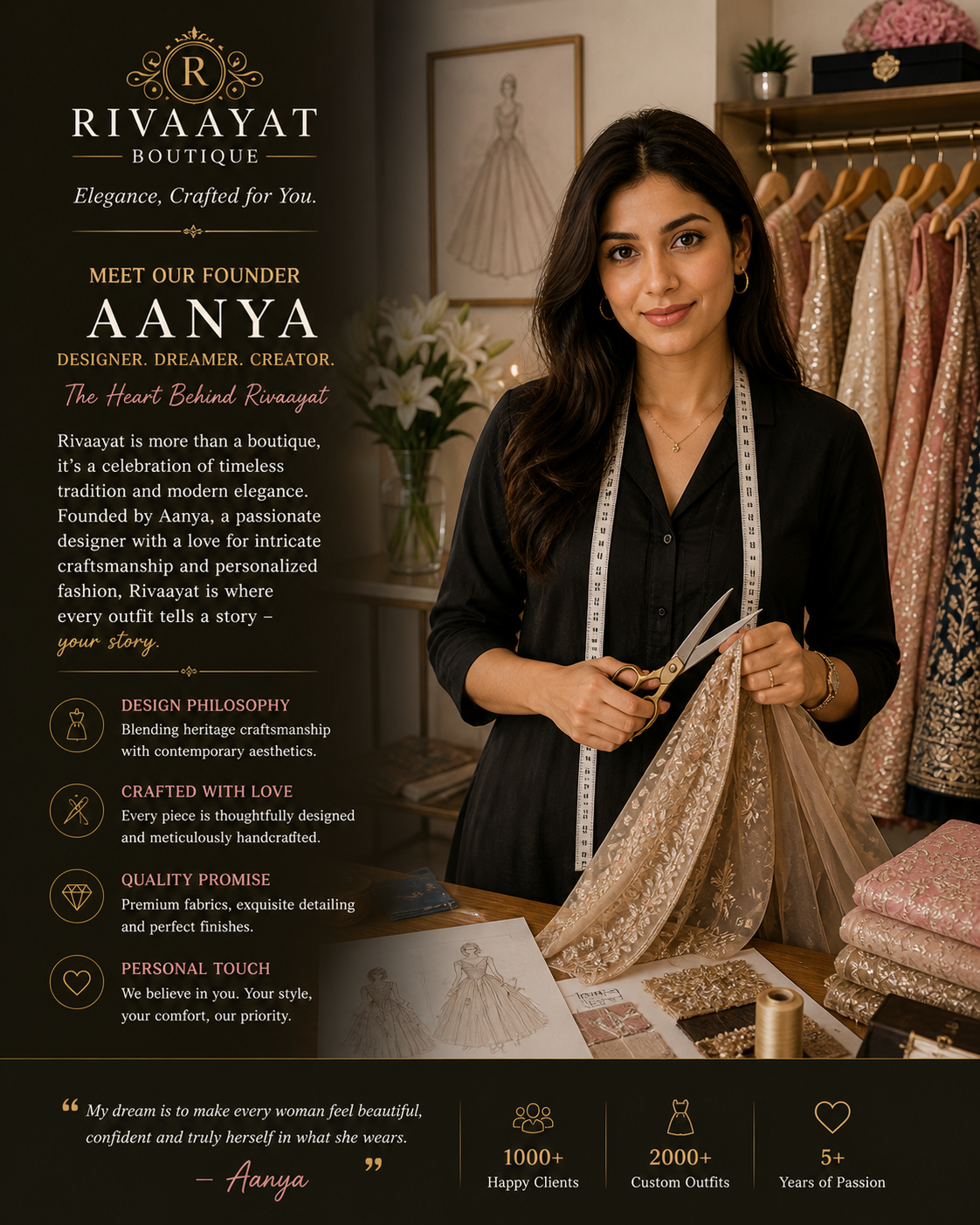 Aanya — Founder of Rivaayat Boutique. Designer, dreamer, creator. Wearing black blouse with measuring tape, holding gold-thread fabric and scissors in atelier with dress sketches and lehenga mannequins