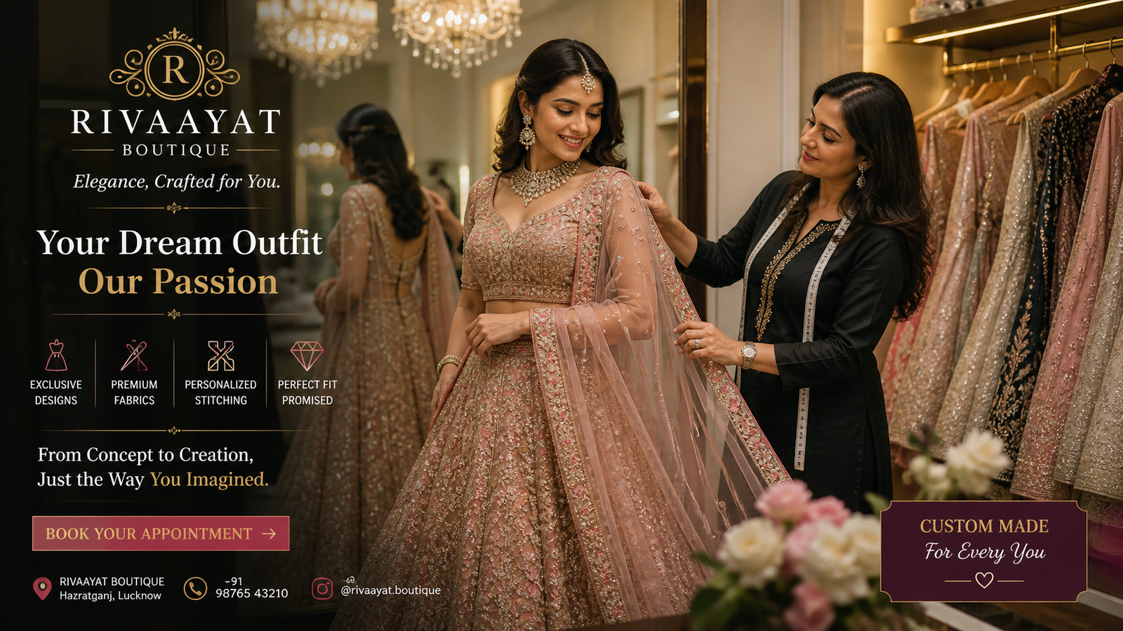 Rivaayat Boutique — Aanya helping a bride try on a rose-gold zardozi lehenga in the Hairatganj Lucknow store, dupatta arrangement moment, soft chandelier light