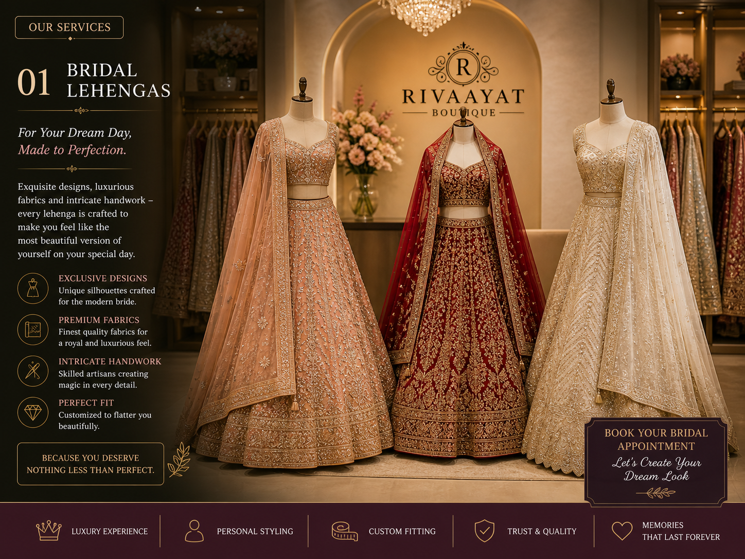 Rivaayat Boutique bridal lehenga showcase — three lehengas on dress forms (rose-gold, royal red, ivory pearl) under chandelier with floral display, brocade backdrop, RIVAAYAT BOUTIQUE branding