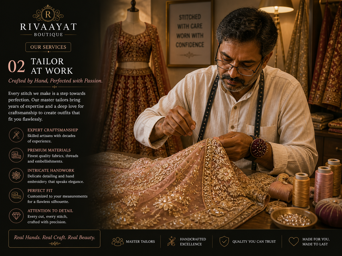 Rivaayat Boutique master tailor at work — older man with glasses in cream kurta hand-stitching gold zardozi onto rose lehenga, spools of gold thread, mannequin with red+gold lehenga in background