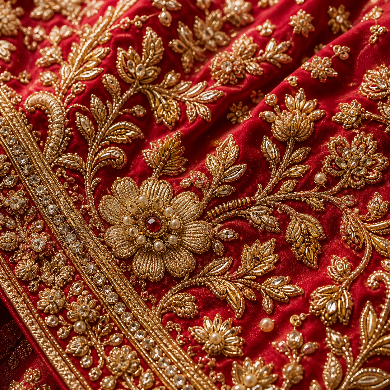 Macro close-up of Rivaayat Boutique zardozi gold-thread embroidery on red velvet — peony floral motif with pearl center, climbing leaves, crystal sequin accents